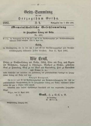 9. Gesetz, die Verlängerung der in den §§ 1 und 38 des Ausführungsgesetzes zum Gerichtsverfassungsgesetz bestimmten Fristen betreffend. Vom 11. April 1881
