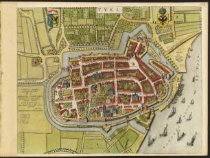 Stadtplan von Tiel in den Niederlande, 1 : 2 300, kolorierter Kupferstich, 1649 : Tyel : [gewidmet] Nobilißimis Amplißimis Consultissimisque Viris D. D. Praetori Consulibus, Scabinis ac Senatoribus inclytae Urbis Tyelensis / hanc tabulam submiße offert dedicat consecratque Ioh. Blaeu., [ca. 1:2.300] / [Amsterdam] : [Joan Blaeu], 1649 - 1 Plan : Kupferst. ; 52,5 x 41,5 cm - Titelkartusche oben. - Wappendarst. oben links u. oben rechts - Wahrschl. aus: Novum Ac Magnum Theatrum Urbium Belgicae Foederatae. [Teil 1] : Ad praesentis temporis faciem expressum / a Ioanne Blaeu, Amstelaedamensi