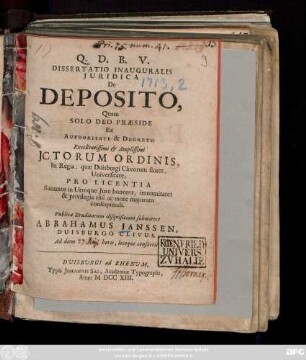 Dissertatio Inauguralis Juridica De Deposito