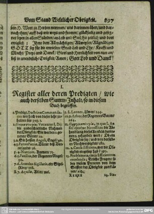 I. Register aller derer Predigten, wie auch derselben Summ-Inhalt, so in diesem Buch begrieffen