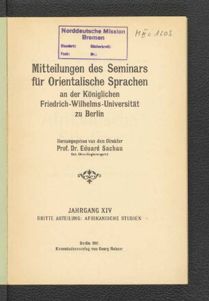 14.1911: Mitteilungen des Seminars für Orientalische Sprachen an der Friedrich Wilhelms-Universität zu Berlin