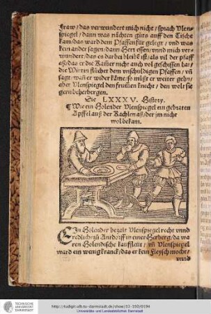 Die LXXXV. History Wie ein Holender Vlenspiegel ein gebraten Apffel auß der Kacheln aß/der jm nicht wol bekam
