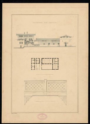 Molkenhaus - ländlicher Gasthof Monatskonkurrenz Juli 1832: Grundriss Erdgeschoss, Aufriss Vorderansicht, Aufriss Seitenansicht der Brücke zwischen den Hausteilen; 3 Maßstabsleisten