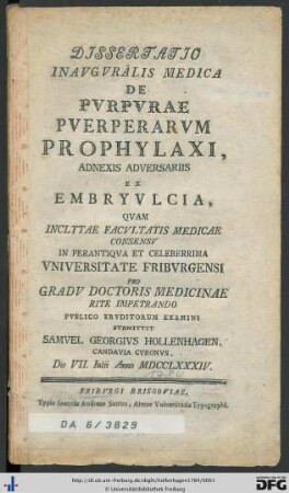 Dissertatio Inavgvralis Medica De Pvrpvrae Pverperarvm Prophylaxi : Adnexis Adversariis Ex Embryvlcia