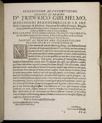 Serenissimo Ac Potentissimo Principi Ac Domino Dn. Friderico Guilhelmo, Marchioni Brandeburgico [...]