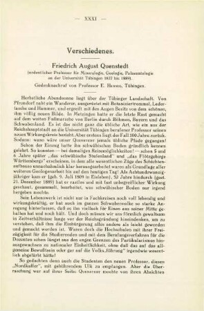 Friedrich August Quenstedt ordentlicher Professor für Mineralogie, Geologie, Palaeontologie an der Universität Tübingen 1837 bis 1889. Gedenknachruf