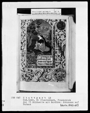 Lateinisch-französisches Stundenbuch (Livre d'heures) — Miniatur im Bordürenrahmen und Textanfang, Folio 13recto