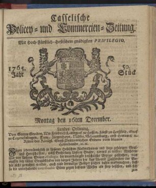 50. Stueck, Montag den 16ten December 1765