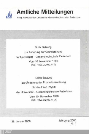 Dritte Satzung zur Änderung der Grundordnung der Universität - Gesamthochschule Paderborn : vom 10. November 1999 ; (ABl. NRW.2 2000, S. 2)
