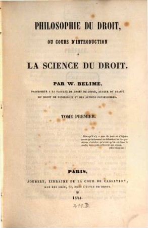 Philosophie du droit ou cours d'introduction à la science du droit, 1