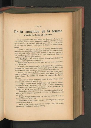 De la condition de la femme d'après le Coran et la Souna.