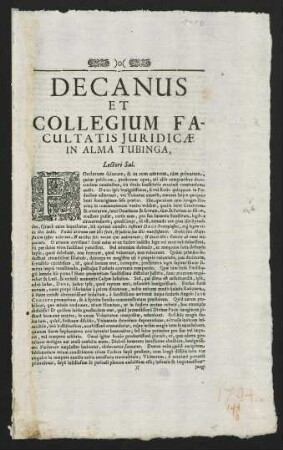 Decanus Et Collegium Facultatis Juridicae, In Alma Tubinga, Lectori Sal.