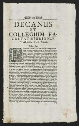 Decanus Et Collegium Facultatis Juridicae, In Alma Tubinga, Lectori Sal.