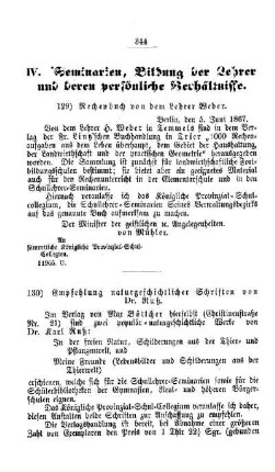 Empfehlung naturgeschichtlicher Schriften von Dr. Ruß : [IV. Seminarien, Bildung der Lehrer und deren persönliche Verhältnisse]