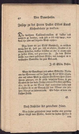 Zusätze zu des Herrn Pastor Eisens Kunst Küchenkräuter zu trocknen