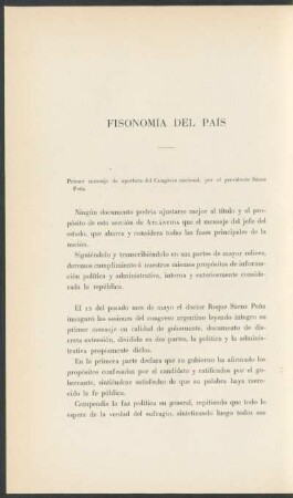 Fisonomía del país : Primer mensaje de apertura del Congreso nacional por el presidente Sáenz Peña