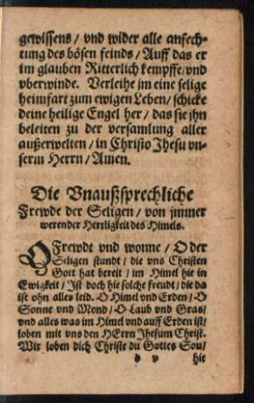 Die Unaußsprechliche Frewde der Seligen/ von immer werender Herrligkeit des Himels.