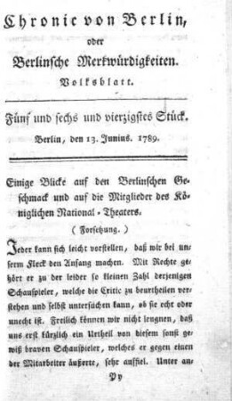 Fünf und sechs und vierzigstes Stück. Berlin, den 13. Junius. 1789