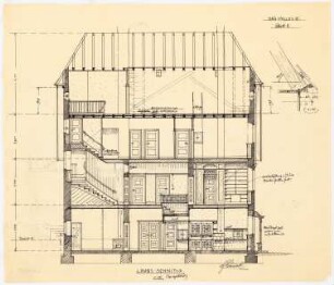 Landhaus Pallat in Stolpe, Berlin-Wannsee: Längsschnitt 1:50 (spiegelbildlich zum Erstentwurf); Details 1:10 vom Dach