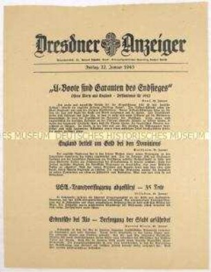 Nachrichtenblatt "Dresdner Anzeiger" u.a. zum Unterseebootkrieg