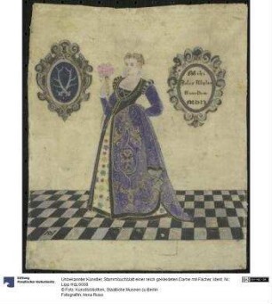 Stammbuchblatt einer reich gekleideten Dame mit Fächer