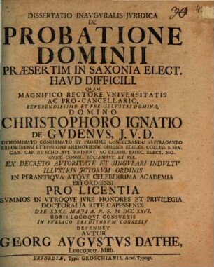 Dissertatio Inavgvralis Jvridica De Probatione Dominii Præsertim In Saxonia Elect. Havd Difficili