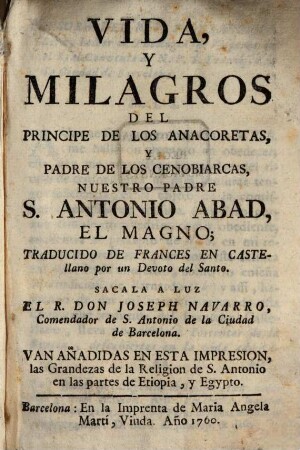 Vida y Milagros del ... S. Antonio Abad