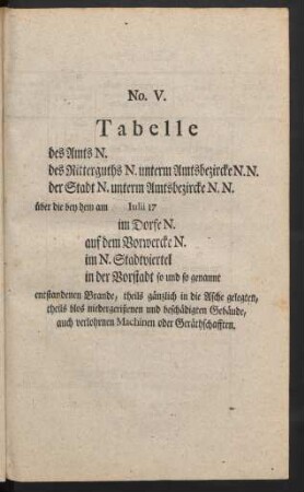 No. V. Tabelle des Amts N. des Ritterguths N. unterm Amtsbezircke N.N. der Stadt N. unterm Amtsbezircke N.N. über die bey dem am Iulii 17 im Dorfe N. auf dem Vorwercke N. im N. Stadtviertel in der Vorstadt so und so genannt entstandenen Brande, theils gänzlich in die Asche gelegten, theils blos niedergerißenen und beschädigten Gebäude, auch verlohrnen Machinen oder Geräthschafften