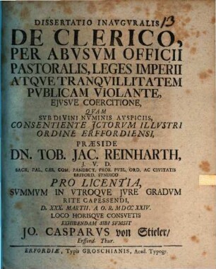 Diss. inaug. de clerico per abusum officii pastoralis, leges imperii atque tranquillitatem publicam violante, eiusve coercitione