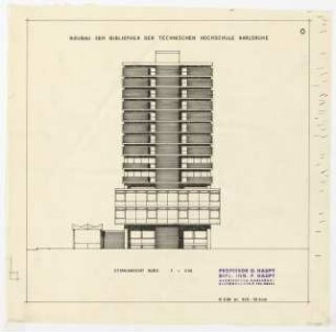 Hochschulbibliothek, Karlsruhe Neubau: Vorprojekt: Neubau der Bibliothek. Stirnansicht Süden, 1:200