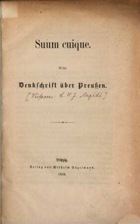 Suum cuique : Eine Denkschrift über Preußen