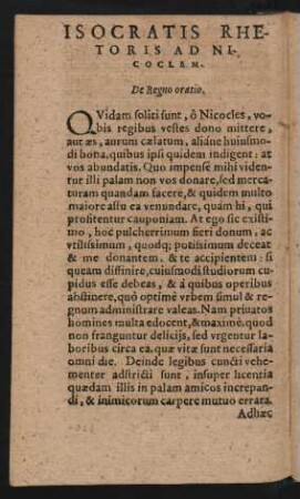 Isocratis Rhetoris Ad Nicoclem. De Regno oratio.