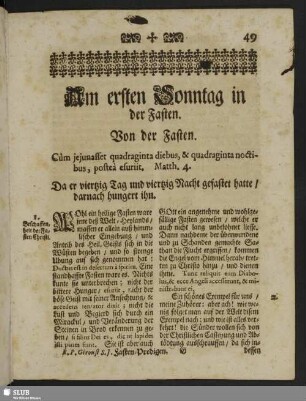 Am ersten Sonntag in der Fasten. Von der Fasten