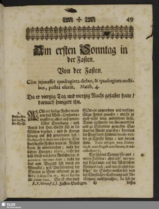 Am ersten Sonntag in der Fasten. Von der Fasten