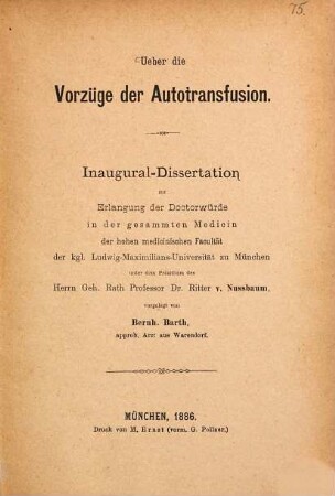 Ueber die Vorzüge der Autotransfusion ...