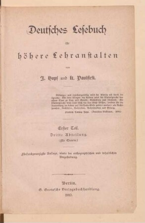 Erster Teil, Dritte Abteilung = (Für Quarta), [Schülerband]: [Erster Teil, Dritte Abteilung = (Für Quarta), [Schülerband]]