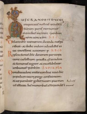 Zierinitiale / Randleisteninitiale mit Rankenbesatz: A(ufer a nobis domine)
