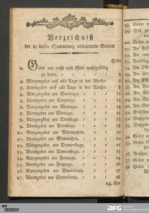 Verzeichniß der in dieser Sammlung enthaltenen Gebete.