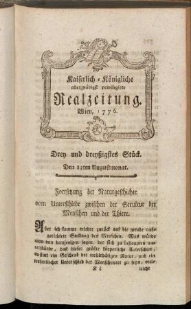 Drey und dreyßigstes Stück. Den 13ten Augustmonat. Wien, 1776.