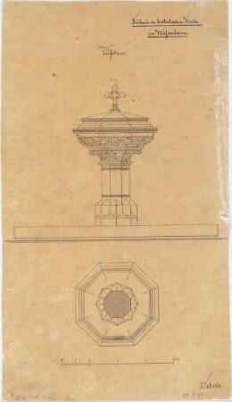 Voit, August von; Weißenhorn; Pfarrkirche - Taufstein Grundriss, Ansicht)