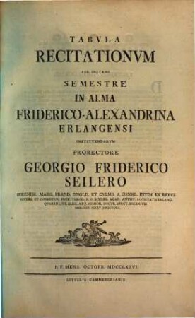 Tabvla recitationvm per instans semestre in Akademia Regia Friderico-Alexandrina Erlangensi institvendarvm. 1776/77, WS 1776/77 (1776)