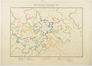 Landkarte der historischen Entwicklung von Sachsen und Thüringen von 1247 bis 1485, mit Legende und Maßstab in geographischen Meilen, aus dem Geographisch-historischen Atlas von Sachsen und Thüringen