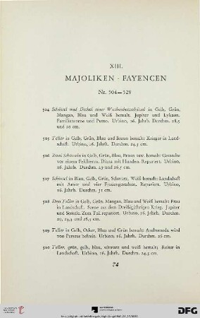 XIII. Majoliken, Fayencen (Nr. 504-528)