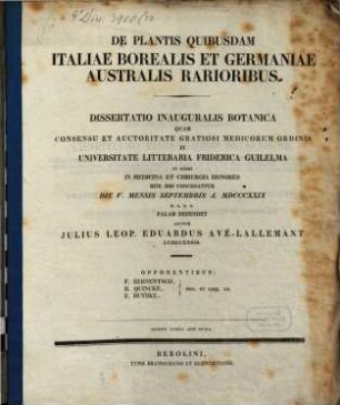 De Plantis Quibusdam Italiae Borealis Et Germaniae Australis Rarioribus : Dissertatio Inauguralis Botanica