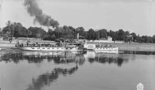 Dresden. Personen-Seitenraddampfer "Pillnitz" (1886, Blasewitz) in Fahrt stromauf. Blick über die Elbe zur "Drachenschänke"