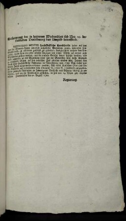 Erläuterung der in letzterem Wochenblatt sub Nro. 25. befindlichen Verordnung das Umgeld betreffend : Zweybrücken den 21. August 1762.