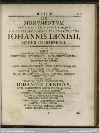 LIX. Monumentum Nobilissimi Excellentissimique Vratislaviensium Protophysici Iohannis Iaenisii, Medici Celeberrimi