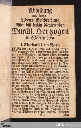 Abbildung und kurtze Lebens-Beschreibung Aller biß dahin Regierenden Durchl. Hertzogen in Würtemberg.