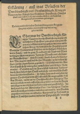 Erklärung/ auß was Ursachen der Durchleuchtigste und Großmächtigste König zu Navarren ...