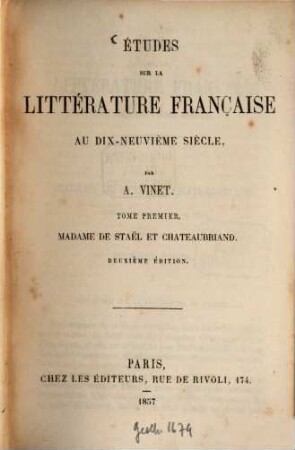Études sur la littérature française au dix-neuvième siècle. 1